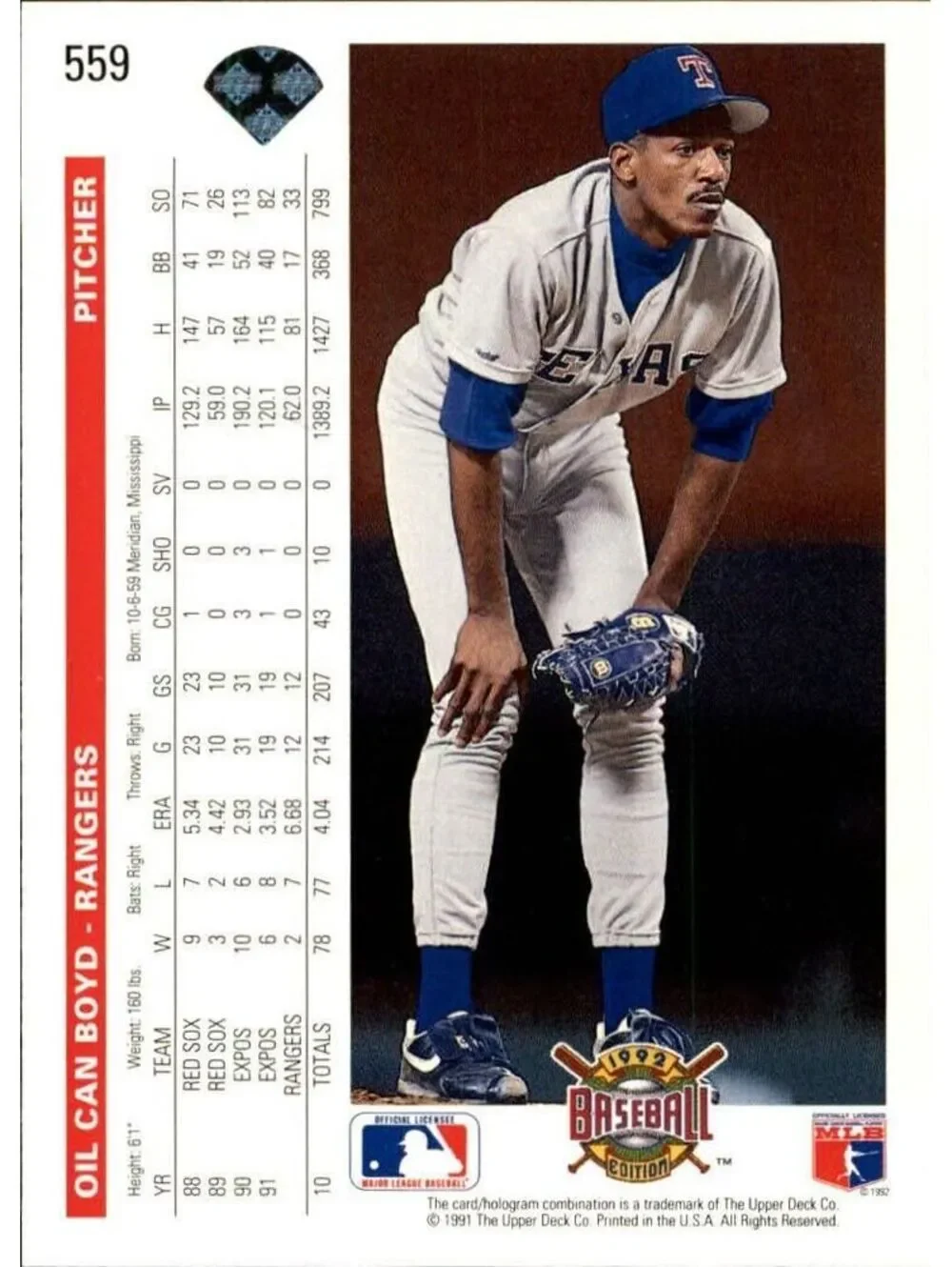 Oil Can Boyd 1992 Upper Deck MLB #559 Baseball Card Texas Rangers